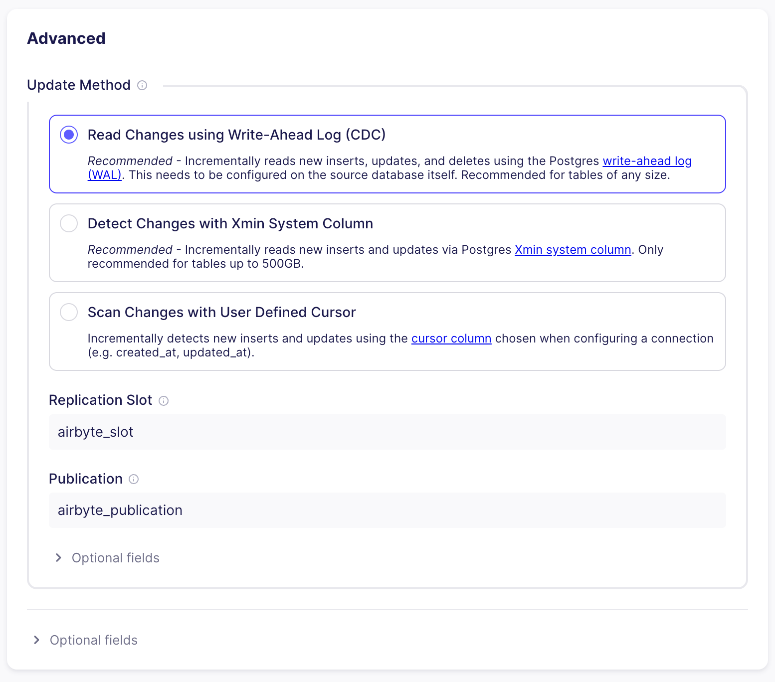 Airbyte advanced fields