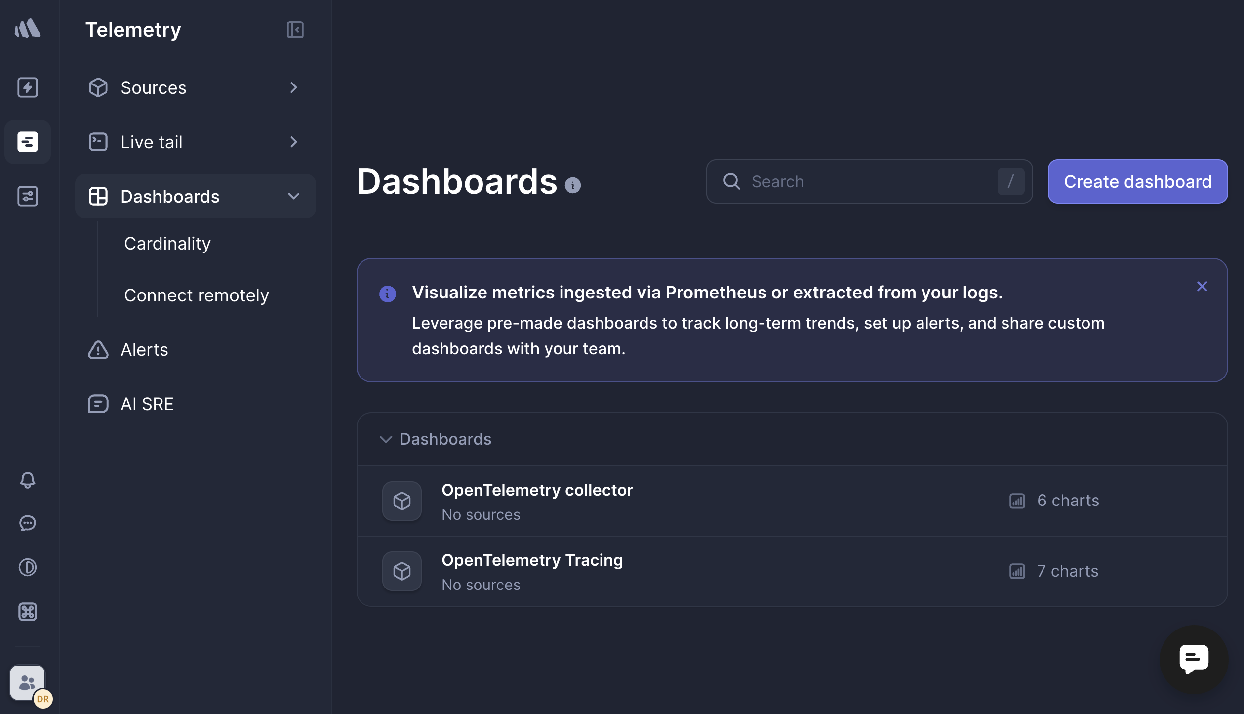 Better Stack dashboards page showing default dashboards.