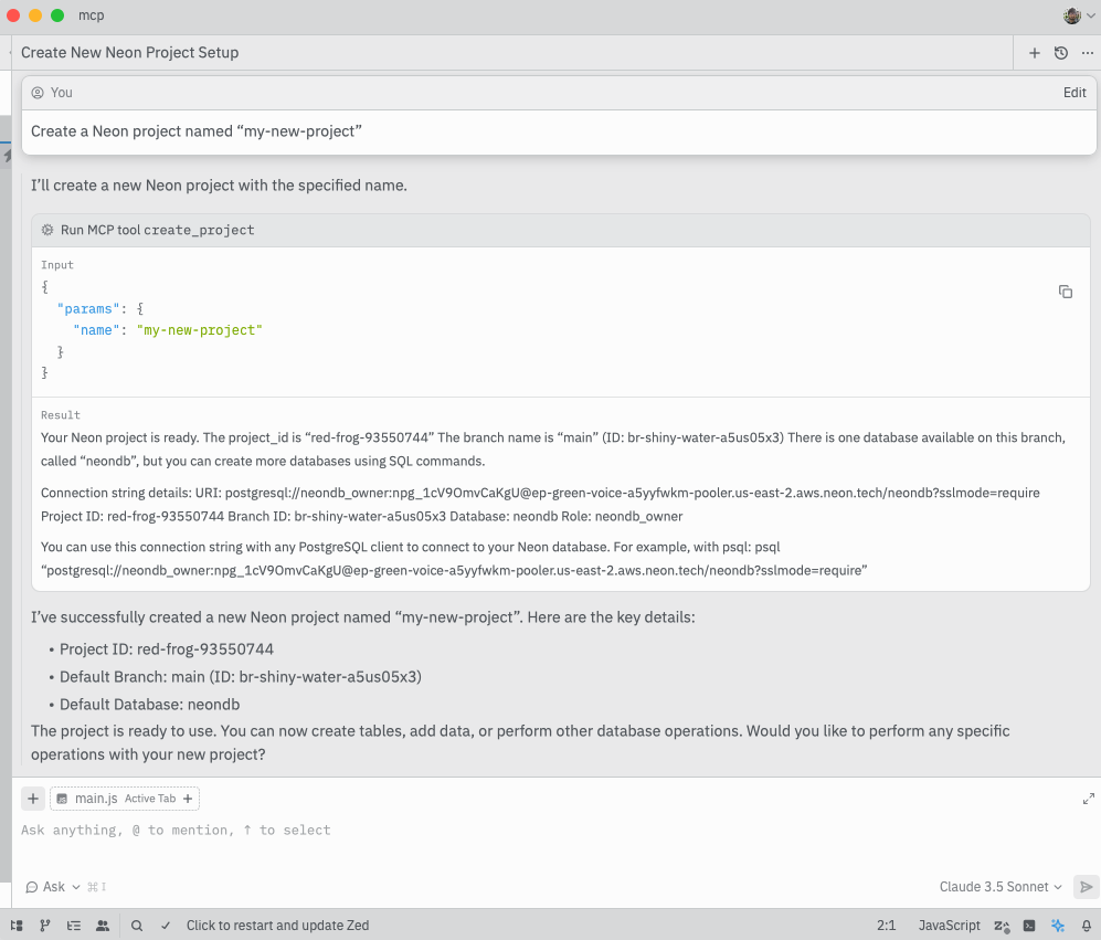 Zed creating a new Neon project